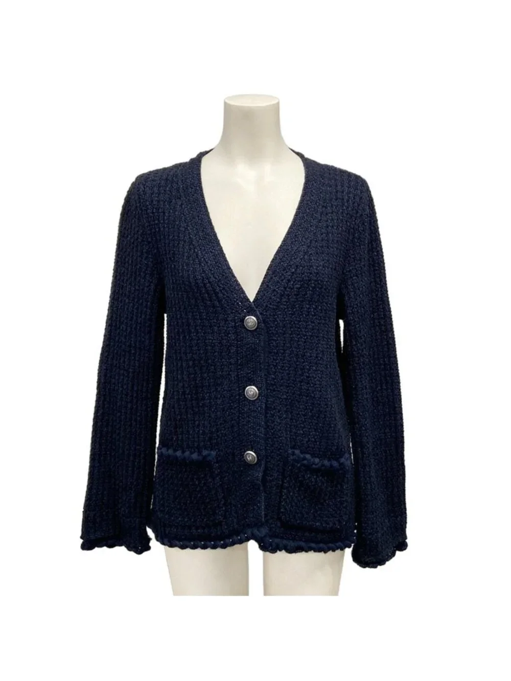 Chanel Cardigan 36 S Navy Spring Autumn Cotton Silk
